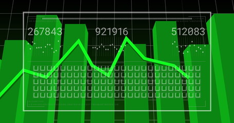 Image of graphs, changing numbers, loading bar, squares over grid pattern and graphs