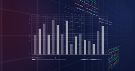 Image of graphs, loading bars, multiple graphs and trading boards over black background