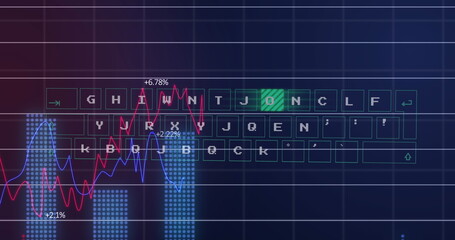 Image of illuminated pattern moving on keyboard with multiple graphs and changing numbers