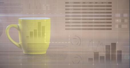 Image of infographic interface over coffee cup against abstract background