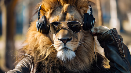 Lion wearing headphones