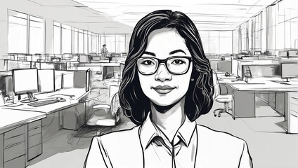Illustration of a closeup woman in a corporate office