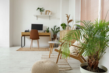 Interior of office with workplace, armchair and green houseplants