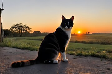 Obraz premium The combination of the warm shades of the sunset and the elegant appearance of the cat is amazing, korea, hyperrealistic, and photorealism, ai, generative, 석양 고양이, 夕日の猫です