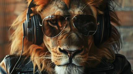 Lion wearing headphones and sunglasses