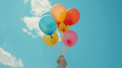 A female hand holds a cluster of colorful balloons against the backdrop of a bright blue sky, 