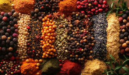 A spread of variety of spices and herbs, capturing their vibrant colors, culture, heritage and aromatic essence