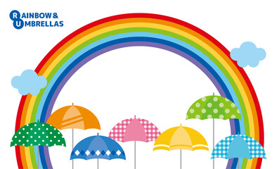 illustrarion frame of rainbow, cloud and many colorful umbrellas