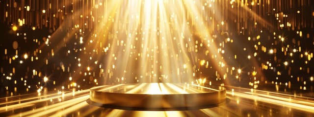 A dark background with golden rays of light shining down on an empty podium, creating a dramatic and elegant atmosphere for product displays or award.