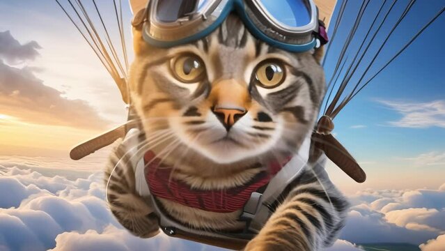 A tabby cat with wide eyes fearlessly takes on the challenge of skydiving.  Wearing goggles and a harness, the feline soars above the clouds, embracing the thrill of adventure. 
