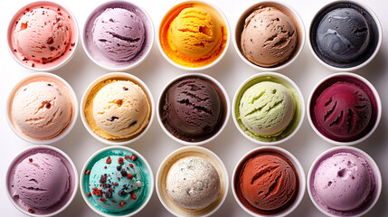 Fifteen small bowls with various colorful ice cream scoops and variety of flavors on a white isolated background