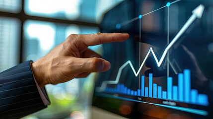 Business Hand Pointing at Screen Report. A hand in a suit gesturing towards a report on a screen