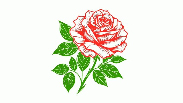 A black and white rose with leaves and a stem. Colorful line of Rose with leaves.