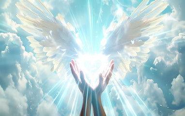 Healing Radiance: A Glowing Heart Held by two hands Embraced by Angel Wings Under a Celestial Sky