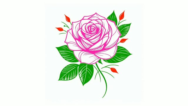 A monochromatic rose with leaves and a stem, alongside a vibrant line drawing of a rose with leaves.