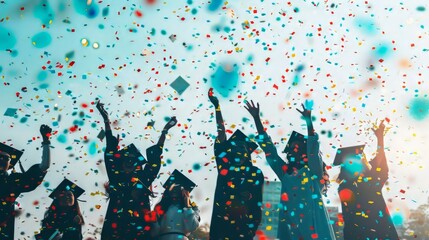 Graceful silhouette of graduates celebrating with confetti