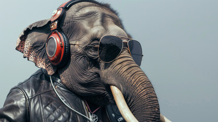 Elephant wearing headphones
