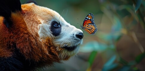 Close-up of a panda's face with a butterfly on its nose, set against a softly blurred background....