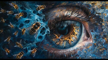 A mesmerizing artwork depicting bees and a visionary eye intricately intertwined, set against a deep blue canvas that evokes a sense of mystery and introspection