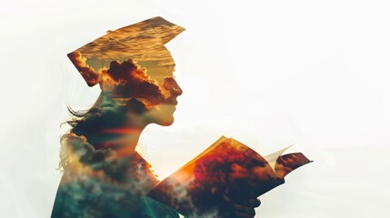Graduation concept illustrated in a double exposure of a graduate