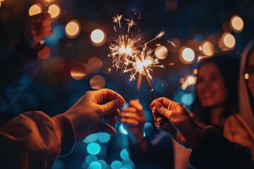 Close-up of hands holding sparklers at night, with colorful bokeh lights in the background. 4th of July, american independence day, happy independence day of america , memorial day concept