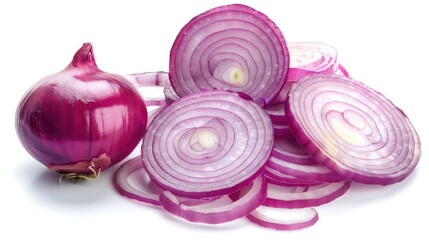 Isolated red onion slices on a white background