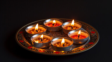 Traditional Diwali Diya Lamps on Ornate Tray