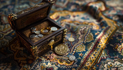 Vintage Treasure Chest with Coins on Ornate Rug