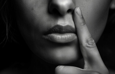 Intense Monochrome Portrait of Woman with Finger on Lips