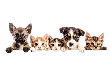 Cute puppy and kitten group hanging or peeking over web banner. Cute baby dogs and cats group