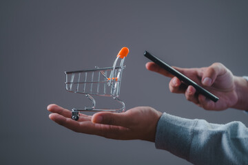 Hand holding shopping cart with smartphone mobile. Import or Export Shopping online or eCommerce...