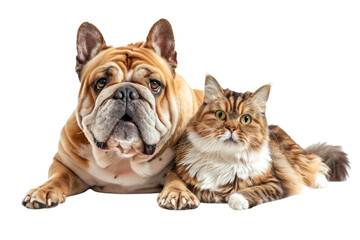 Bulldog and tabby cat. Dog and cat isolated on transparent background
