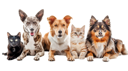 Group of cat and dog isolated on transparent background