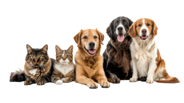 Group of cat and dog isolated on transparent background