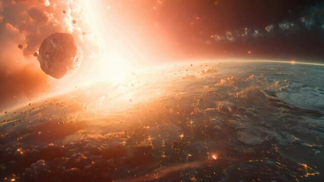 A rock crashing into the earth as seen from space. A rock crashing into planet earth. Disaster from space. Last day of earth.