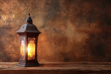 A traditional lantern with a lit candle inside, set against a rustic brown textured background. Place for text