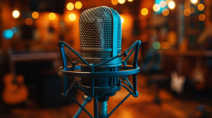 Closeup of a professional recording microphone, with a blurry background of the recording studio