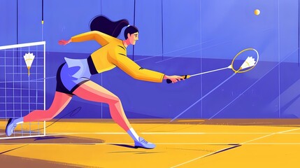 Illustration of Energetic Woman Playing Badminton with Shuttlecock Art
