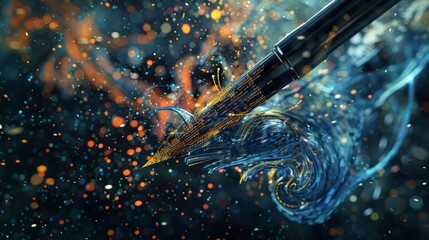 A mesmerizing image capturing the essence of artificial intelligence in graphic design and illustration, with a digital pen surrounded by dynamic swirls of code and color