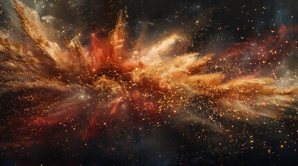 A mesmerizing image capturing the intense burst of red and gold dust against a dark backdrop, frozen in time with high-speed photography