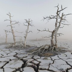Cracked earth and barren trees covered in a radioactive fog, super realistic