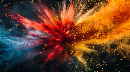 A mesmerizing portrayal of a dynamic explosion of red and gold dust against a dark backdrop, frozen in time with high-speed photography