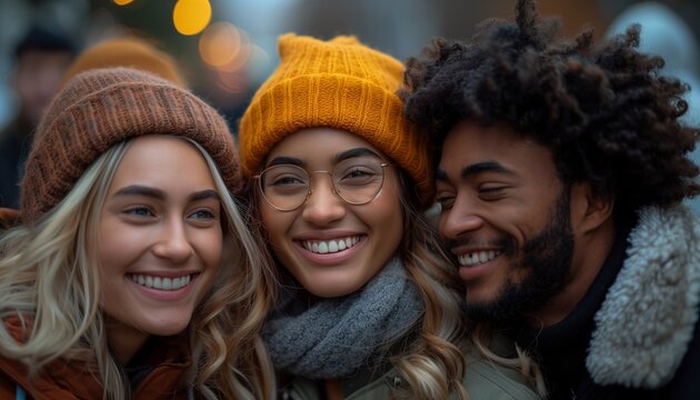 Cheerful friends wearing winter clothing outdoors