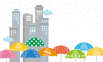illustration background of snowy cityscape and colorful umbrellas