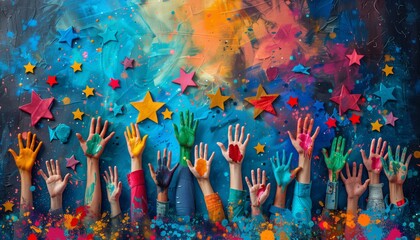 Hands reaching for colorful stars on paint-splattered background