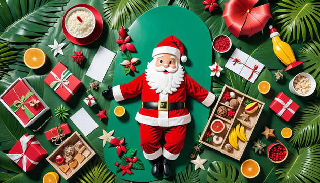 tropical christmas retreat holiday santa paradise lounging scene setting concept relaxation beach palm tree vacation festive celebration joy escape sunshine sandbeach hammock woman toy children