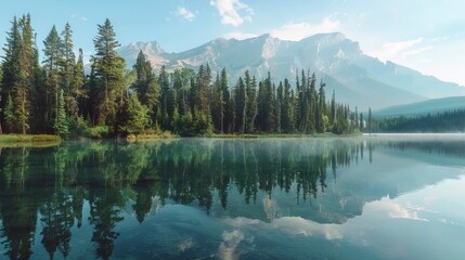 A mountain lake with a forest and a mountain in the background