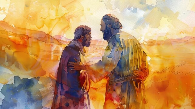 Parable of the Prodigal Son with the father welcoming his wayward son home