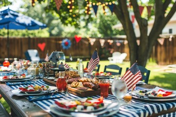 A festive Independence Day barbecue setup in backyard with American decorations and a variety of food. 4th of July, american independence day, happy independence day of america , memorial day concept - Powered by Adobe