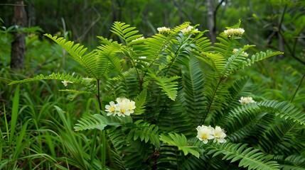 A photo capturing Mimosa hostilis (Jurema), showcasing its fern-like leaves, white flowers